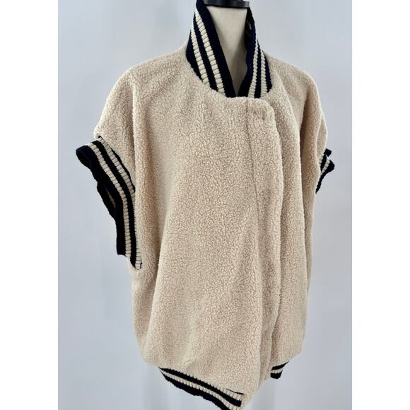 Free People Varsity Sherpa Fleece Vest Oversized One Size NWOT Cream Navy Jacket - Picture 1 of 6